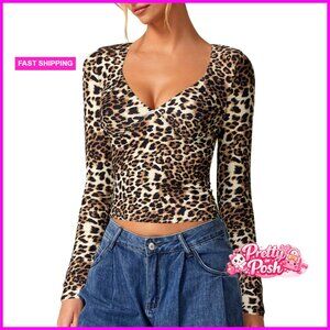 Long Sleeve V Neck T Shirt Double Lined Crop Top Seamed Cup